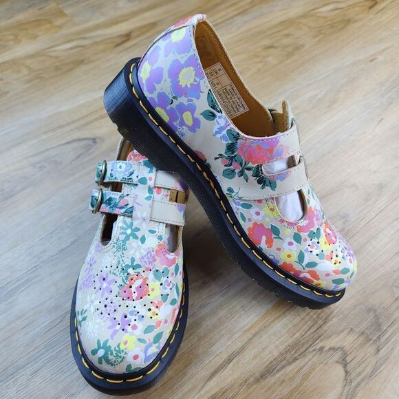 🩵NIB Dr. Martens Parchment Beige Floral Virginia Leather Mary Jane Size 8 - Picture 3 of 16